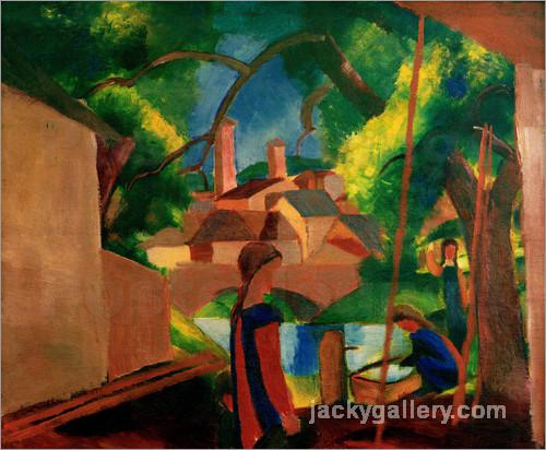 Childrens by the Fountain, with Town in the Background, August Macke painting - Click Image to Close